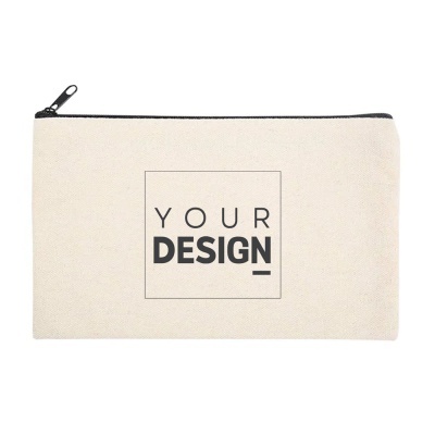 Estojo retangular de tecido bege com fecho preto e texto YOUR DESIGN