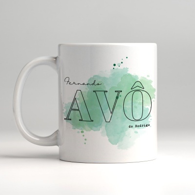 Caneca branca com texto personalizado e manchas cor verde