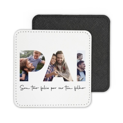 Porta-copos branco e preto com texto e fotos integradas