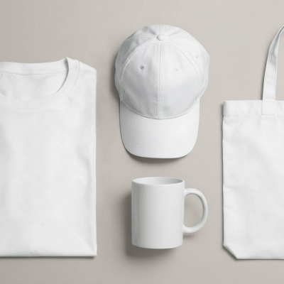 Conjunto de t-shirt branca, boné branco, caneca branca e sacola branca sobre superfície cinza.