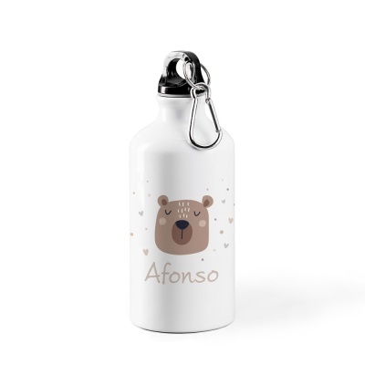 Garrafa metálica branca com desenho de urso e nome Afonso