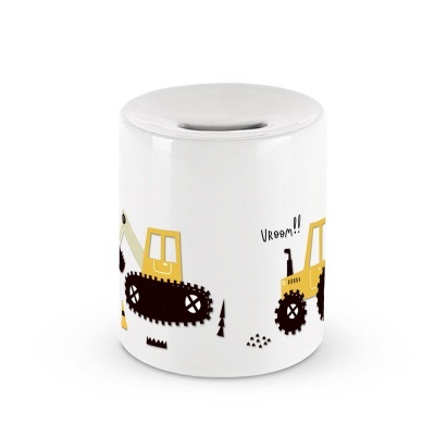 Mealheiro branco com desenhos de máquinas de construção e texto Vroom!!