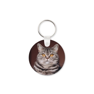 Porta-chaves redondo com imagem de gato de olhos amarelos e pelo riscado cinzento