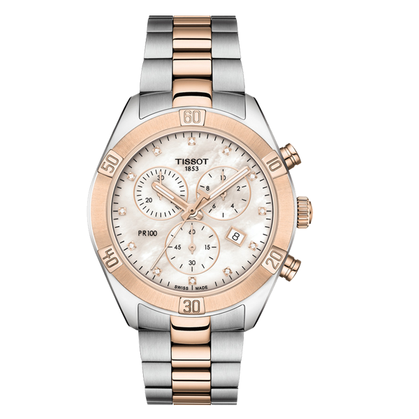 Relógio Pr100 Sport Chic Chronograph Relógio de pulso Tissot PR100 com bracelete e aro bicolor prata e dourado rosa, mostrador branco perolado com submostradores e ponteiros dourados