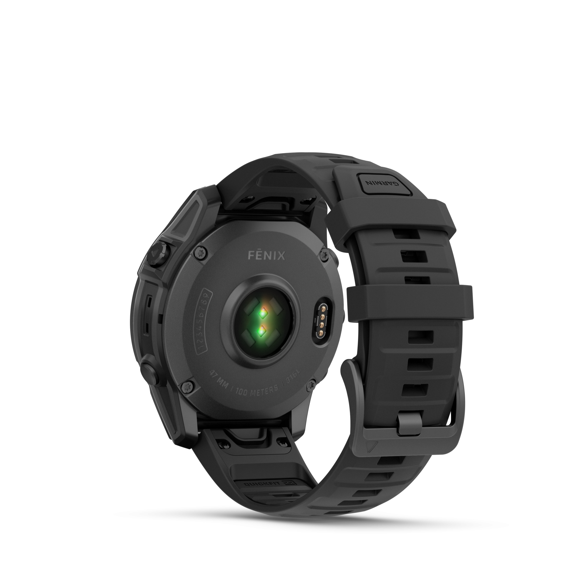 fēnix® E – 47 mm, AMOLED Aço cinzento ardósia com Bracelete preta em silicone 010-03025-01 Relógio desportivo FÉNIX preto visto de trás com sensor verde