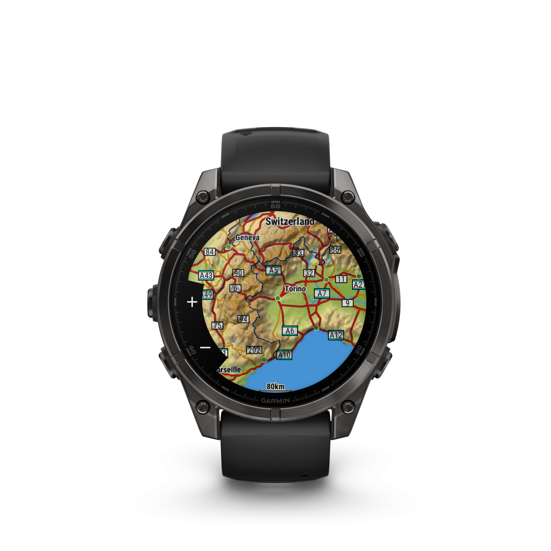 fēnix® 8 – 47 mm, AMOLED Sapphire, Titânio revestido a DLC, cinzento carbono com bracelete preta/cinzento pedra em silicone10-02904-21 Relógio desportivo inteligente com mostrador de mapa a cores