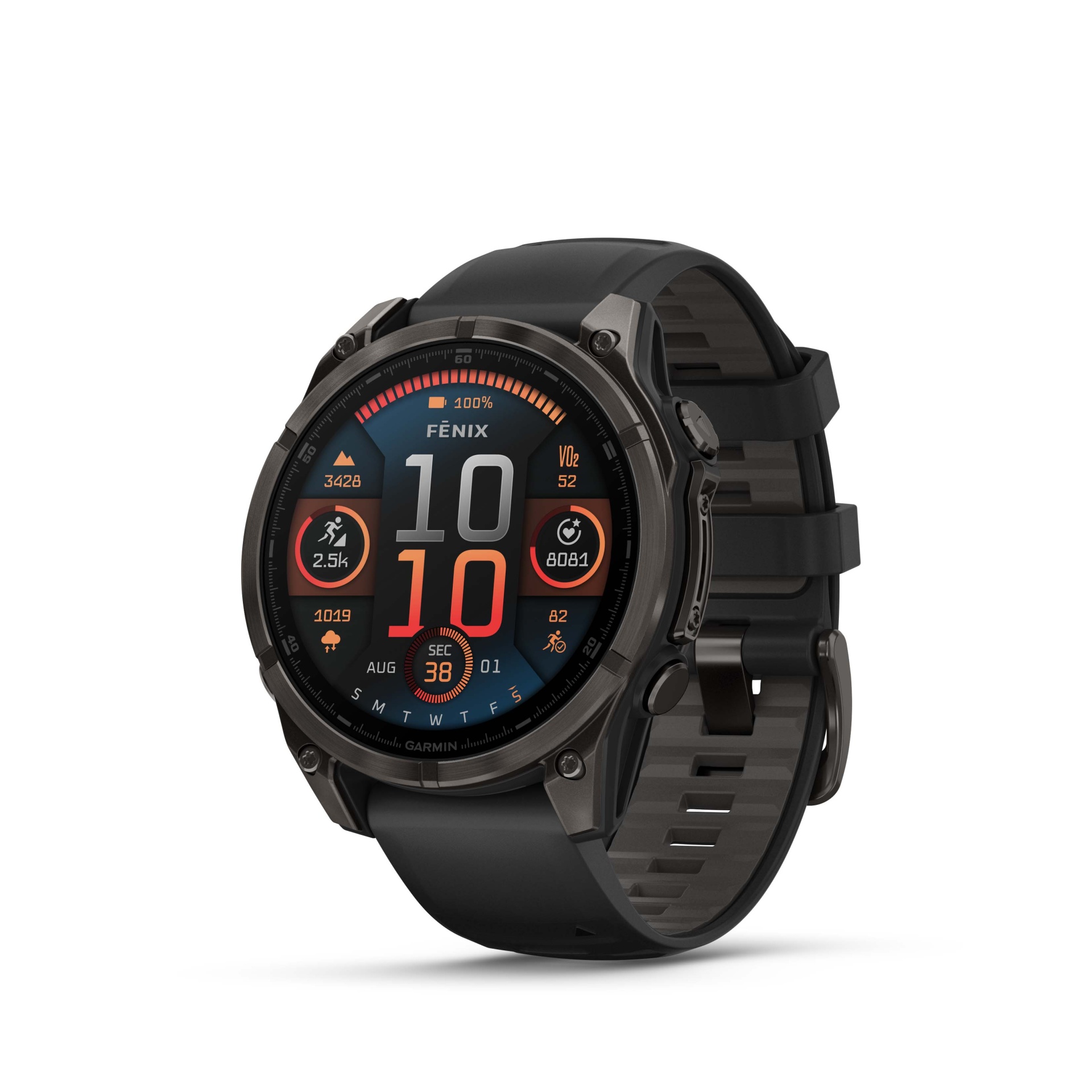 fēnix® 8 – 47 mm, AMOLED Sapphire, Titânio revestido a DLC, cinzento carbono com bracelete preta/cinzento pedra em silicone10-02904-21 Relógio inteligente Garmin Fenix com bracelete preta e mostrador digital colorido