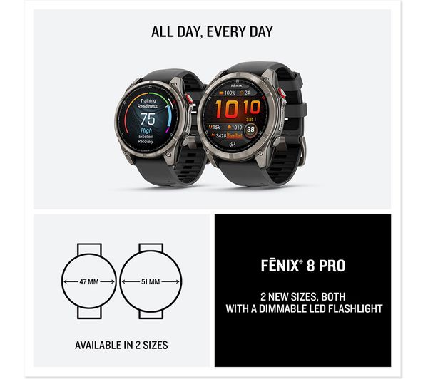 fēnix® 8 Pro – 51 mm, AMOLED Sapphire, titânio com bracelete preta/grafite em silicone 010-03199-11 1299.99 Dois relógios inteligentes FËNIX 8 PRO com braceletes pretas e mostradores digitais coloridos