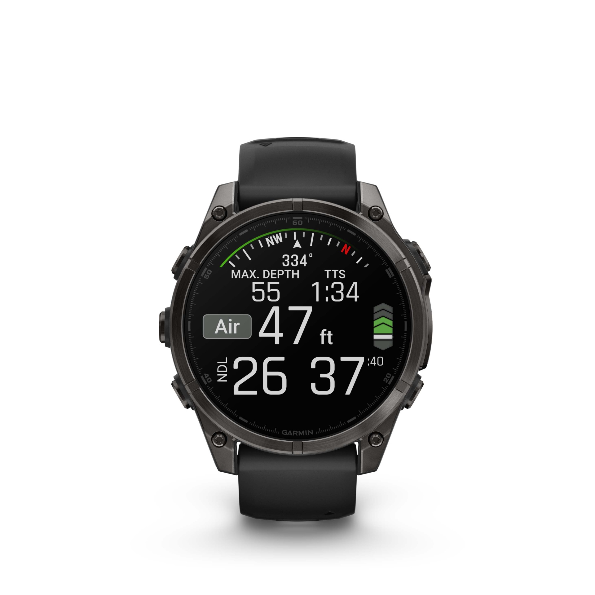 fēnix® 8 – 47 mm, AMOLED Sapphire, Titânio revestido a DLC, cinzento carbono com bracelete preta/cinzento pedra em silicone10-02904-21 Relógio inteligente Garmin com bracelete preta e mostrador digital a cores
