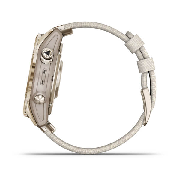Fēnix® 7s sapphire solar creme dourado em titânio com bracelete creme em nylon 010-02539-39 Relógio de pulso metal e tecido cinzento claro vista lateral