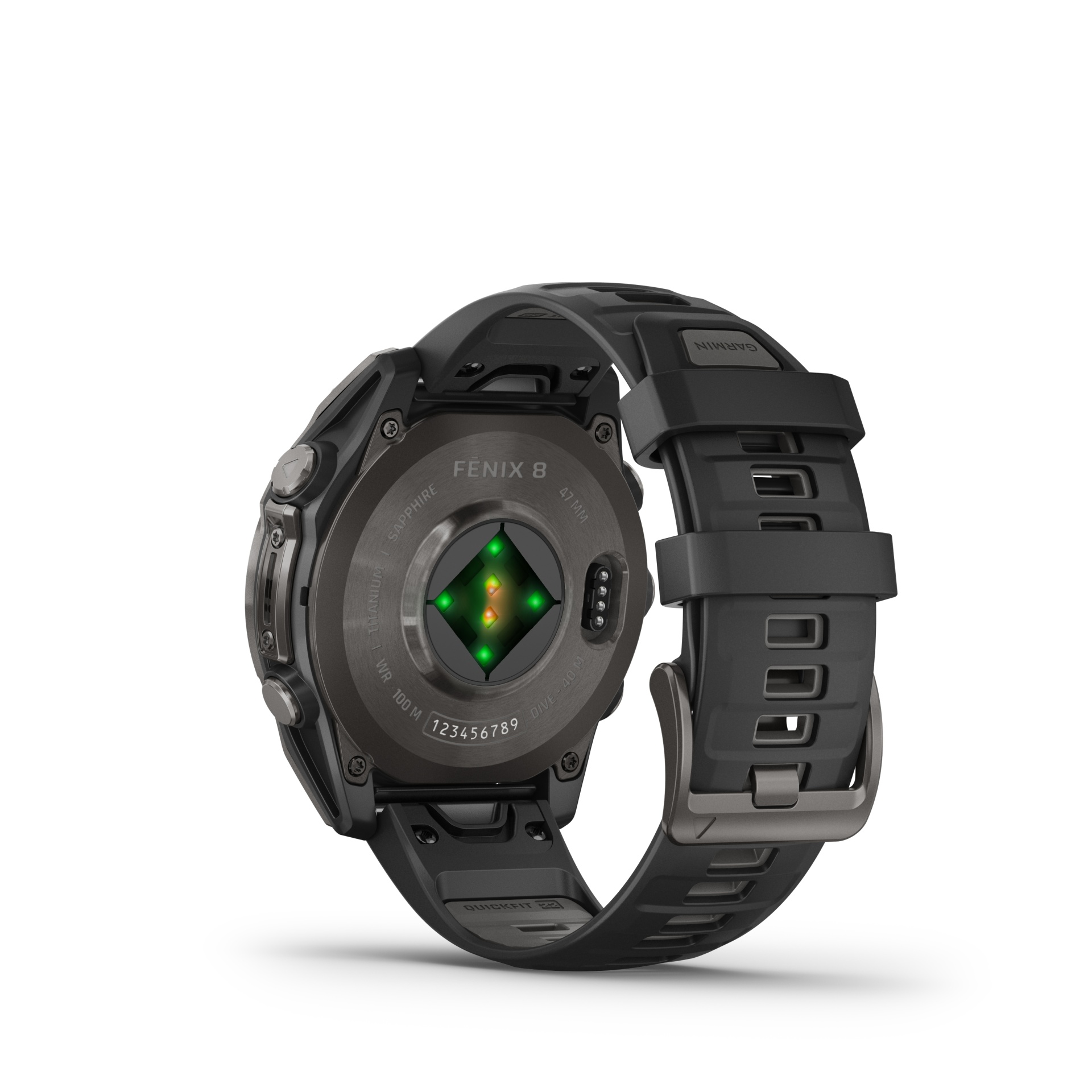 fēnix® 8 – 47 mm, AMOLED Sapphire, Titânio revestido a DLC, cinzento carbono com bracelete preta/cinzento pedra em silicone10-02904-21 Relógio Garmin Fenix 8 preto visto pela parte traseira com sensores e pulseira de borracha