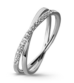 Anel Ouro Branco com Diamantes , ouro 19.2Kt Anel de prata com cristais em design cruzado