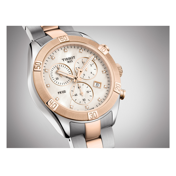 Relógio Pr100 Sport Chic Chronograph Relógio Tissot PR 100 aço prateado com detalhes dourados e rosados e mostrador branco