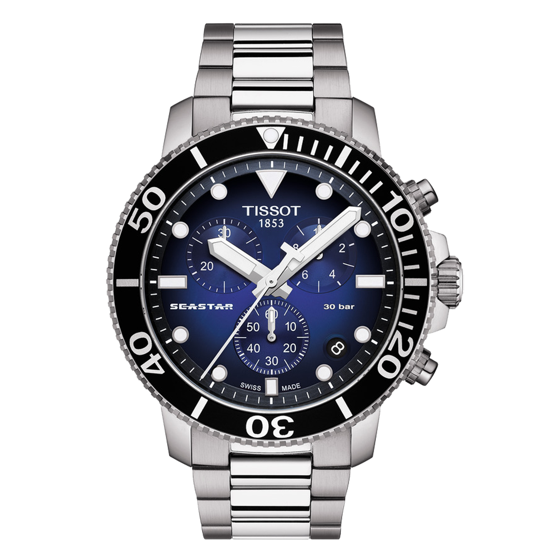 Relógio Seastar 1000 Chronograph REF. T120.417.11.041.01 Relógio Tissot SeaStar em metal prata com mostrador azul e aro preto