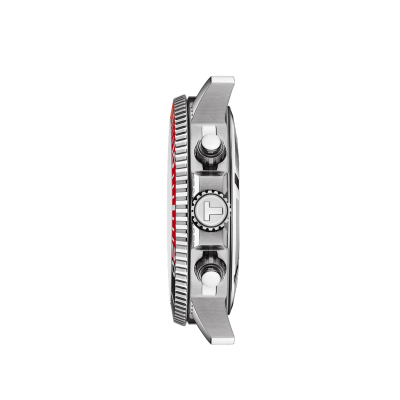 Relógio de pulso metálico prateado com botões laterais e símbolo 'T'