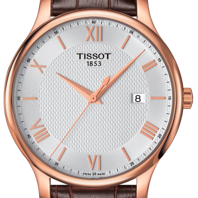 Relógio de pulso Tissot com caixa dourada, mostrador prateado e bracelete de pele castanha