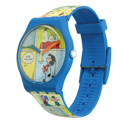 Relógio azul com bracelete plástico e mostrador com personagens de banda desenhada Peanuts