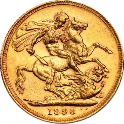 Moeda dourada de 1896 com cavaleiro e cavalo em relevo