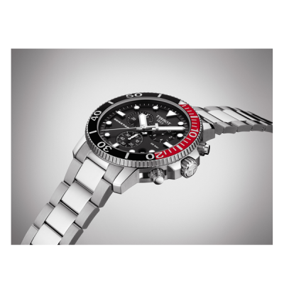 Relógio de pulso Tissot com bracelete prateada e mostrador preto com luneta preta e vermelha