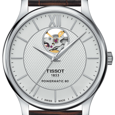 Relógio de pulso Tissot com mostrador branco, bracelete castanha couro e caixa prateada