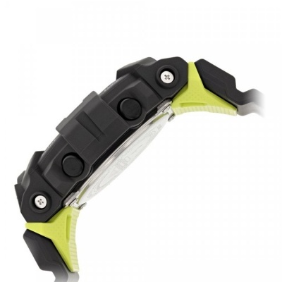 Relógio digital caixa preta com pulseira verde-limão e detalhes pretos