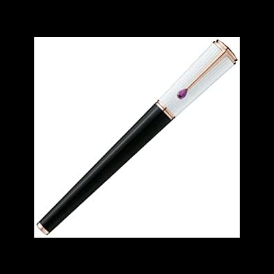 Caneta preta com tampa branca e detalhes dourados