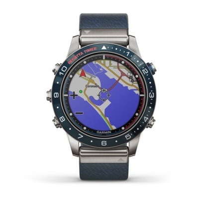 Relógio Garmin com mostrador digital e bracelete azul