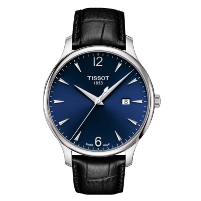 Relógio Tissot com mostrador azul e bracelete de pele preta.