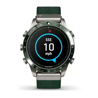 Relógio inteligente Garmin com bracelete verde e mostrador digital