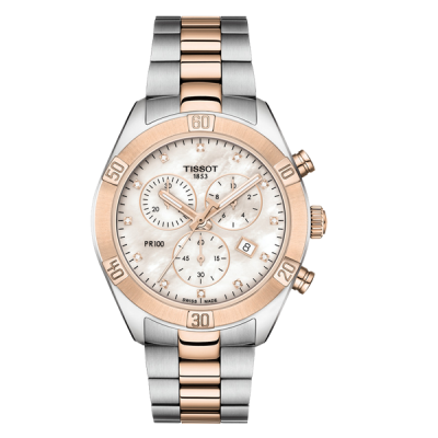Relógio de pulso Tissot PR100 com bracelete e aro bicolor prata e dourado rosa, mostrador branco perolado com submostradores e ponteiros dourados