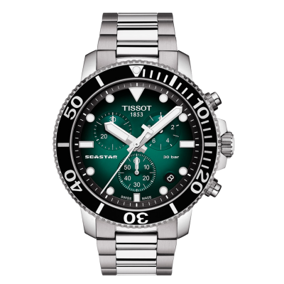 Relógio Tissot Seastar com bracelete metálico e mostrador verde