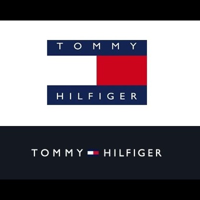 Logótipo da marca Tommy Hilfiger com retângulo azul, vermelho e branco e texto