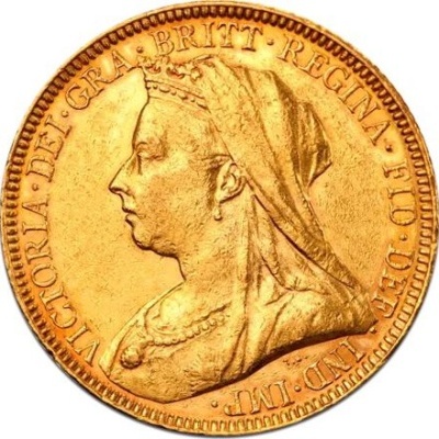 Moeda dourada com efígie da Rainha Vitória e texto circular