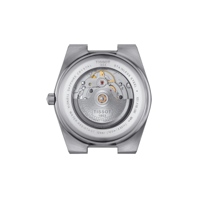 Relógio Tissot com caixa e verso transparente mostrando maquinaria automática em aço inox