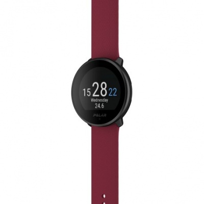 Relógio inteligente Polar com bracelete vinhos em silicone e mostrador digital redondo preto