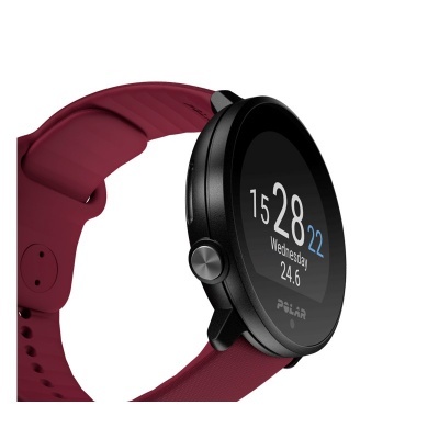 Relógio inteligente POLAR com bracelete de silicone cor vinho e mostrador digital preto.