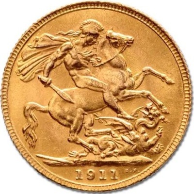 Moeda de ouro com guerreiro e dragão em relevo e a data 1911