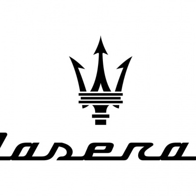 Logótipo preto da Maserati com símbolo do tridente em fundo branco