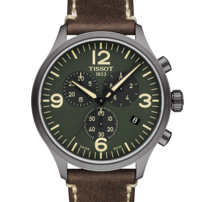 Relógio de pulso Tissot com mostrador verde e bracelete de pele castanha