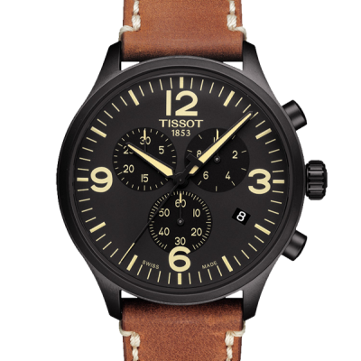 Relógio Tissot preto com bracelete castanha em couro e cronógrafo