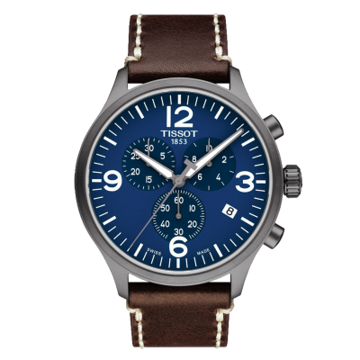 Relógio Tissot com mostrador azul e bracelete castanha em pele