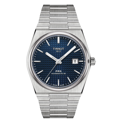 Relógio Tissot PRX Powermatic 80 com mostrador azul e bracelete prateada