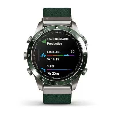 Relógio inteligente Garmin com bracelete verde a mostrar dados de treino e sono
