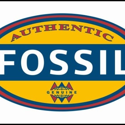Logo oval da marca Fossil com fundo azul e amarelo e texto