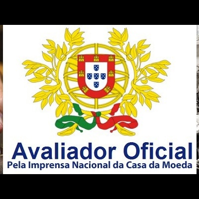 Montagem mostrando trabalho manual em moedas, brasão oficial português, e pessoa trabalhando com moedas.