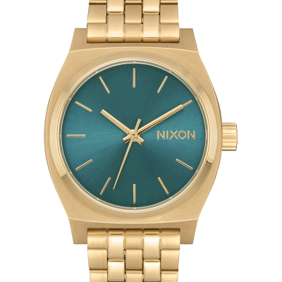 Relógio de pulso dourado com mostrador azul esverdeado da marca NIXON
