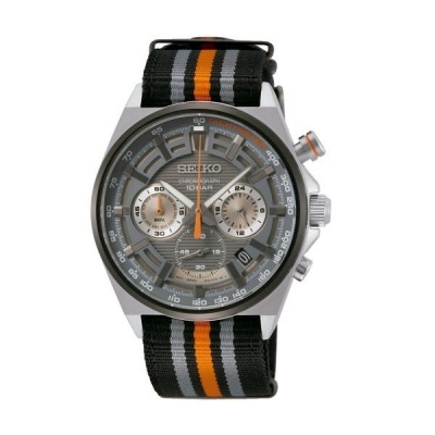 Relógio Seiko cronógrafo com bracelete preta, cinzenta e laranja