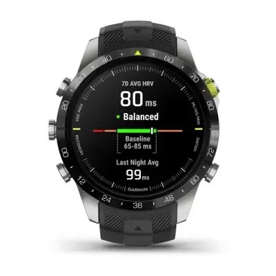 Relógio inteligente Garmin com bracelete preta e mostrador digital redondo