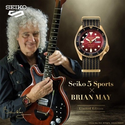 Relógio Seiko 5 Sports edição limitada Brian May com mostrador vermelho e bracelete tecido preto e dourado
