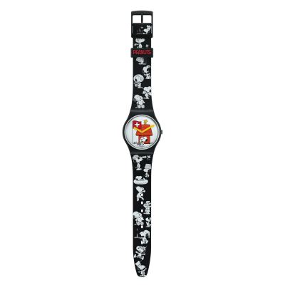 Relógio preto e branco com personagens Peanuts e o texto 'PEANUTS' em vermelho no bracelete.